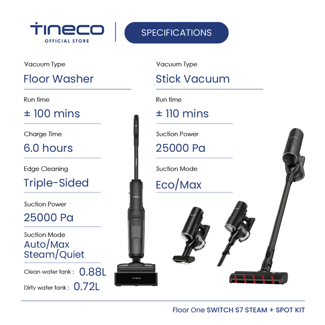 Tineco Floor One Switch S7 Steam Spot Kit Smart Multi-Function Wet & Dry Vacuum Cleaner