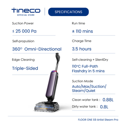 (COMEX26) Tineco Floor One S9 Artist Steam Pro (Purple) Smart Wet & Dry Vacuum Cleaner